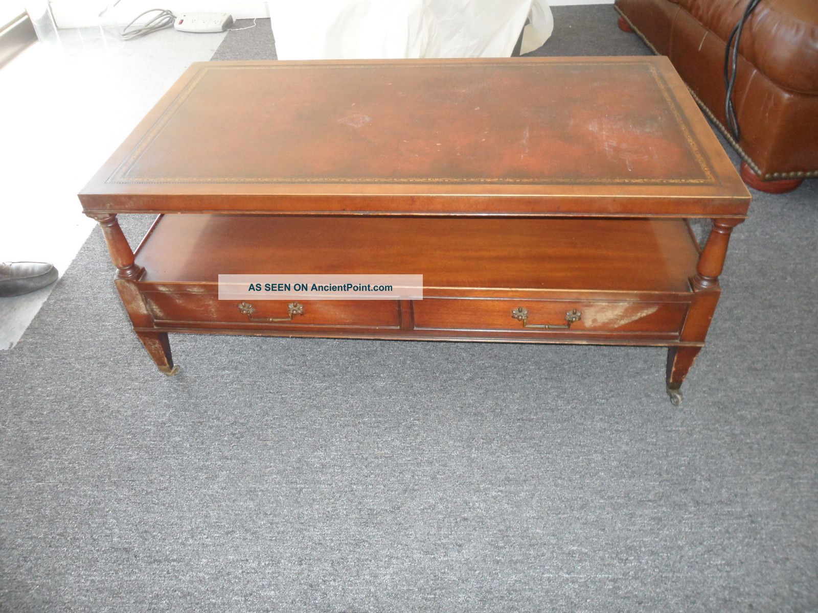 1940 - 1950 Antique Leather Top With Gold Leaf Embossed Coffee Table 1900-1950 photo