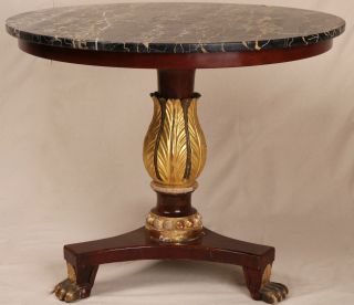 French Empire Style Antique Classical Gilt Marble Top Gueridon Round Hall Table photo