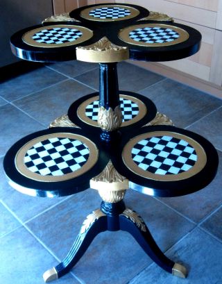 Hand Painted Antique End Table Plant Stand French Check Gold Coffee Carved Layer photo