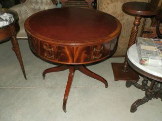 Mahogany Antique Drum Games Table With Leather Top photo