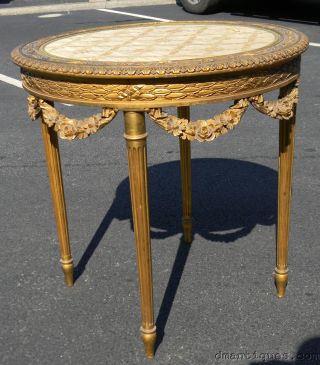 Ornate C1900s French Style Table Carved Wood Gilt Roses Leaves Classical Swags photo