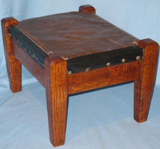 Oak Mission Arts Crafts Style Bench Footstool Brown Leather Top photo