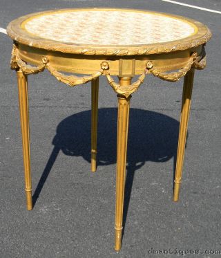 Antique C1900 Round French Style Table Carved Wood Gilt Floral Classical Swags photo