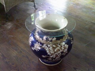Huge Vintage 30 - Lb Ceramic Asian Chinese Table Vase W/ Glass Top - Blue White Gold photo