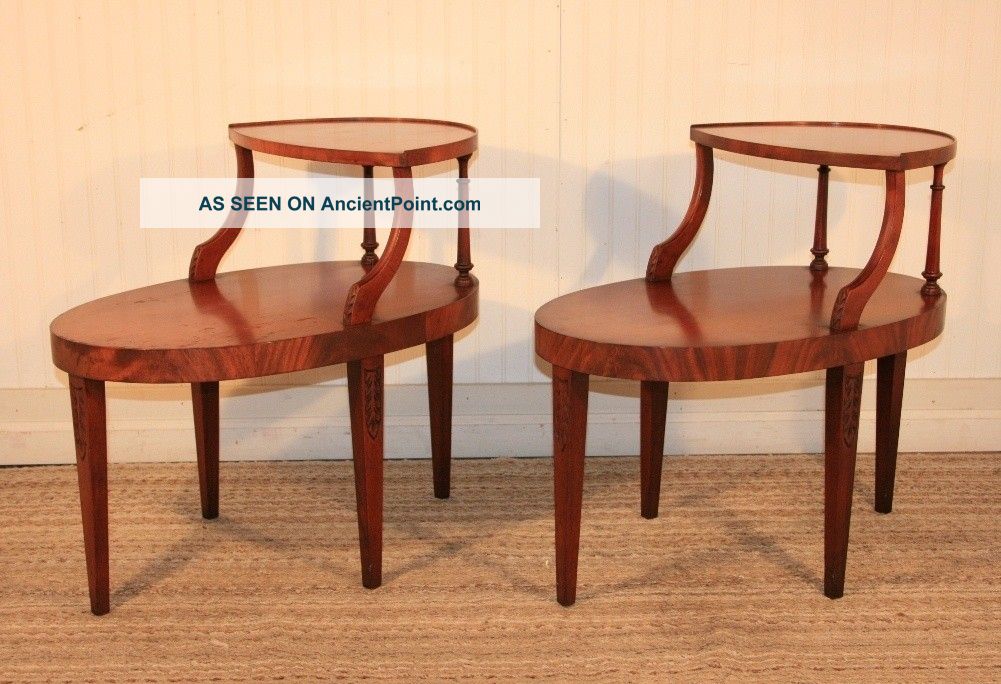Pair Of Traditional Antique Flame Mahogany Oval Step Up Two Tier End Tables 1900-1950 photo