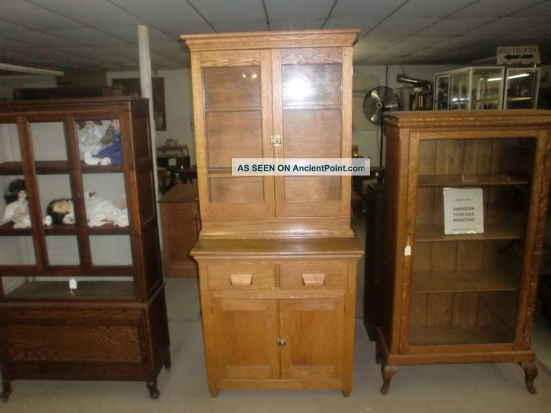 Oak Stepback Cupboard 2 Pc Glass Doors 1900-1950 photo
