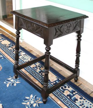 Stamped English Antique Carved Black Side Table.  Made From Oak. photo