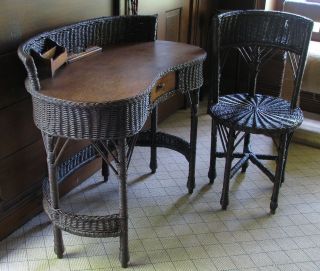 1920s Karpen Brothers Arts & Crafts Wicker Writing Desk W Matching Chair photo