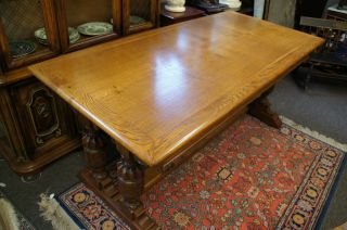 Antique Library Trestle Table Solid Oak Hand Carved Hayden New York Scroll Ships photo
