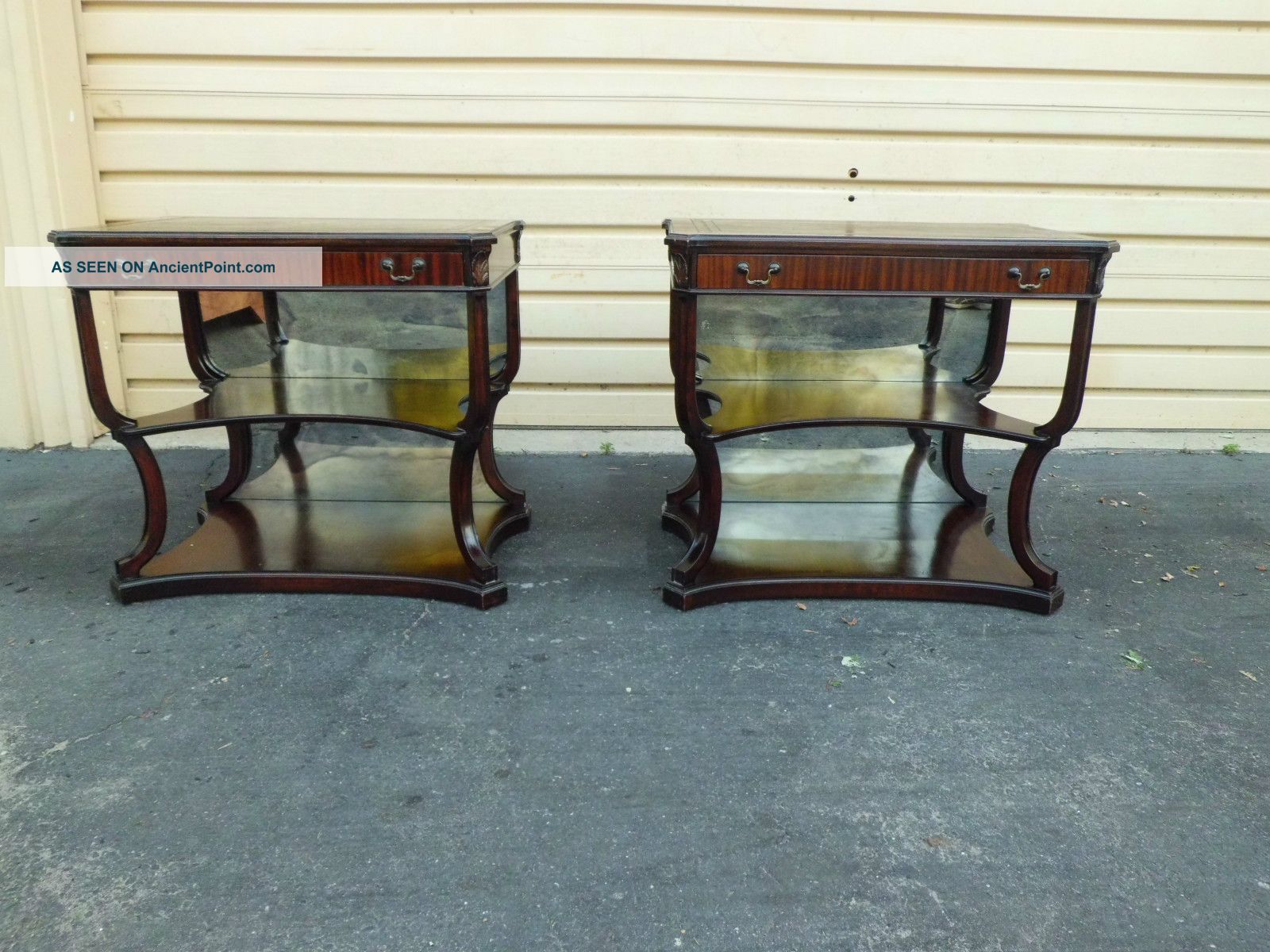 50528 Pair Antique Mahogany 3 Tier Leather Top Tables 1900-1950 photo