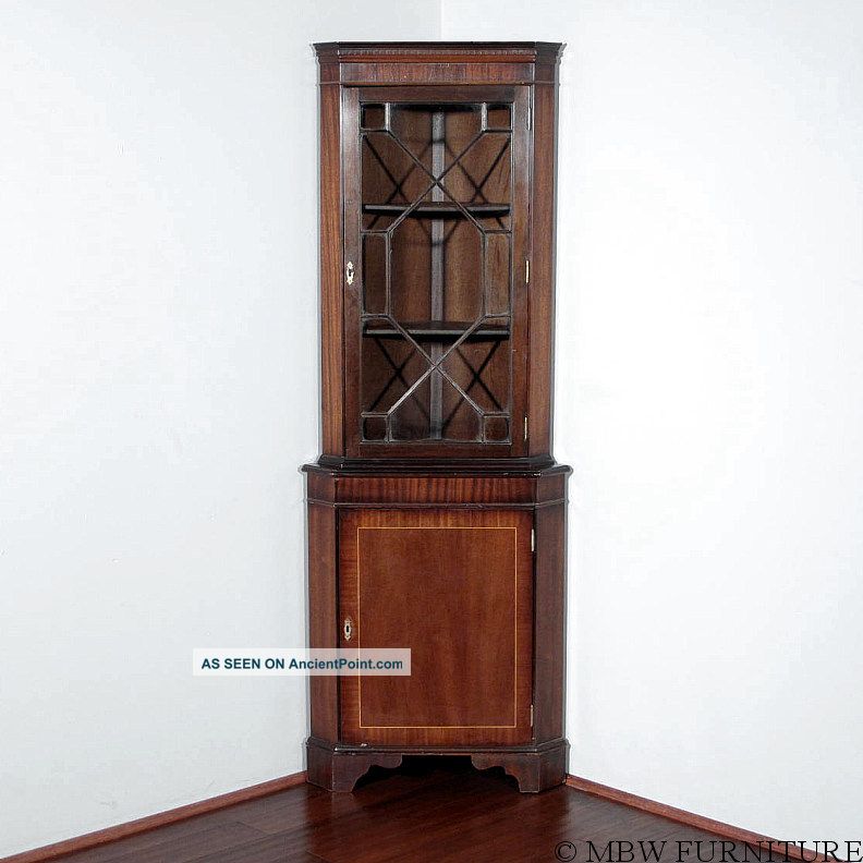 Vintage English Inlaid Mahogany Corner Bookcase Curio Cabinet C1960 Y86 1900-1950 photo