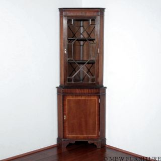 Vintage English Inlaid Mahogany Corner Bookcase Curio Cabinet C1960 Y86 photo
