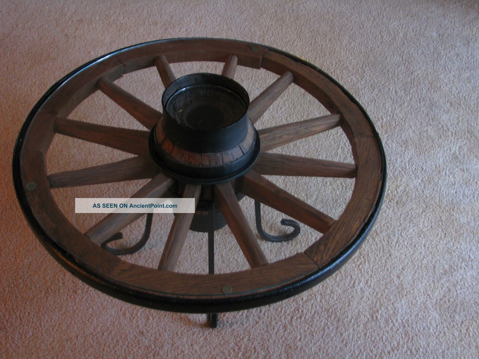Antique Wagon Wheel Table With Glass Top 1900-1950 photo