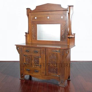 Antique Oak English Arts & Crafts Mirrorback Buffet Sideboard Server W/ Cabinets photo