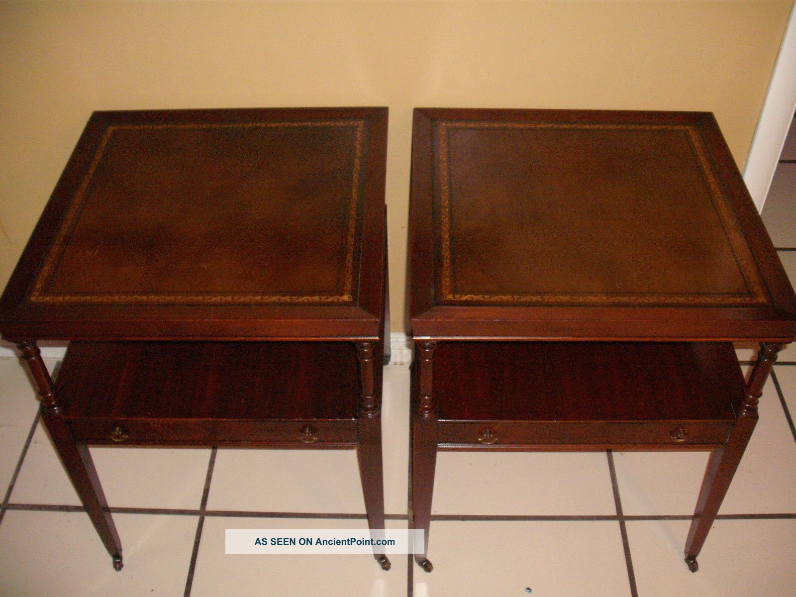 Matched Pair Of Mahogany Leather Top Tables With Drawers & Shelves & Brs Casters 1900-1950 photo