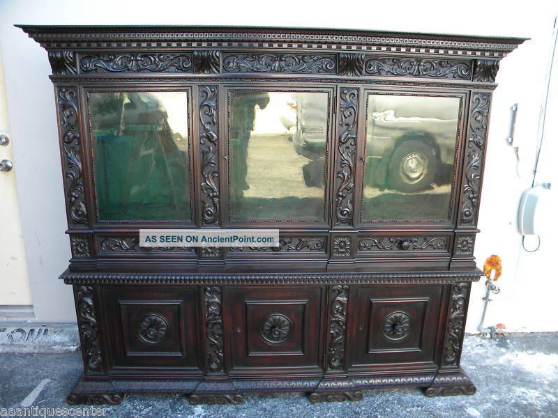 German Hand Made & Carved Mahogany Break Front Cabinet 1900-1950 photo