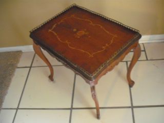 Early 1900s French Marquetry Inlaid Side / End Table With Brass Trim photo