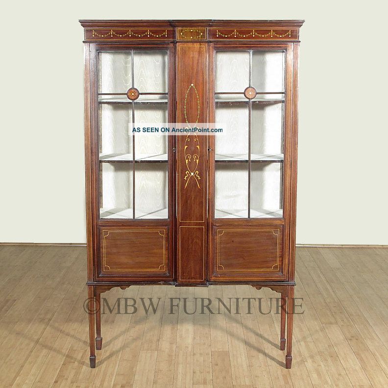 Antique English Inlaid Walnut Edwardian Curio Display Cabinet C1910 P24 1900-1950 photo