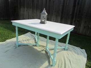 White And Aqua Vintage Dining Table With Leaf photo