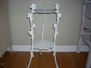 Vintage White Painted 2 - Tier Cast Iron Shelf 3 - Legged Table photo
