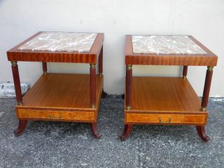 Pair Of Inlaid Marble Top Mahogany Side/night Tables 925 photo