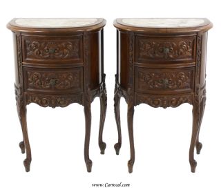 Pair Of Antique Louis Xv Solid Walnut Marble Top Demi Lune End Tables photo