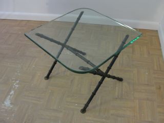 Antique Metal Faux Bamboo Glass Top End Table photo