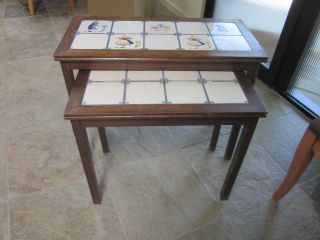 Two Antique Bauer & Leicher Walnut Oblong Stacking Tables With Tile Tops photo