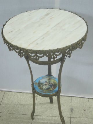 Antique French Metal Marble Top Lamp Table W/ Hand Painted Porcelain Shelf photo
