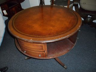 1940 - 1950 Vintage Leather Top With Gold Leaf Embossed Rotating Drum Table photo