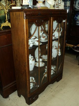 Vintage Art Deco Solid English Oak China Curio Display Cabinet Bookcase photo