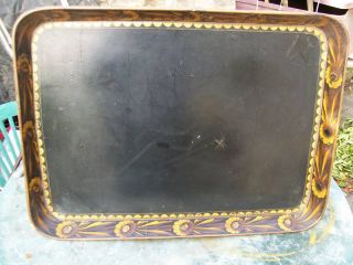 Antique English Regency Black Lacquer Tray Top Only Gold Stenciled Flowers Tlc photo