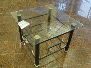 Mid Century Modern Ebonized & Gilt Steel (iron) Coffee Side Table W/ Glass Top photo