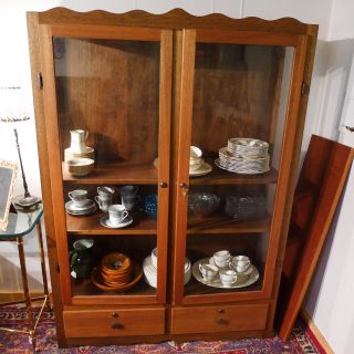 Antique Oak China Cabinet,  Glass Side And Front Panels Key Lock Shelves 64x46x15 photo