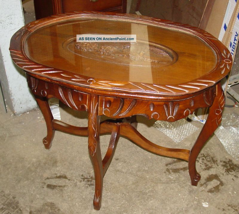 Carved Walnut Farm Scene Tray Top Coffee Table 1900-1950 photo
