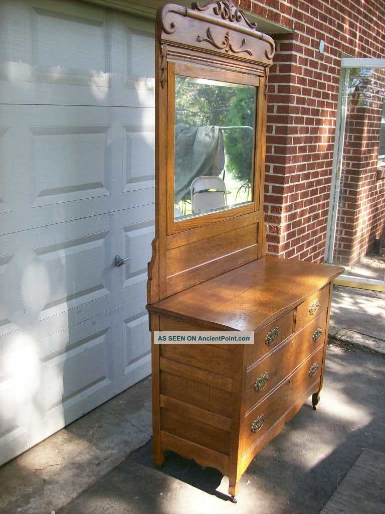 Antique Oak 2 Over 2 Beveled Mirror Dresser 1900-1950 photo