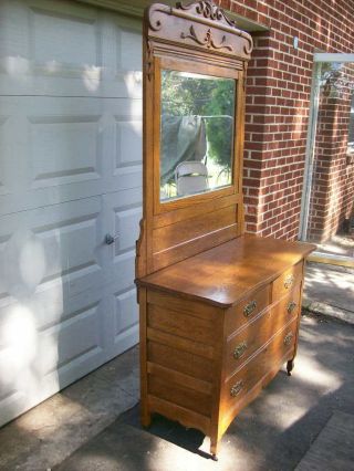 Antique Oak 2 Over 2 Beveled Mirror Dresser photo