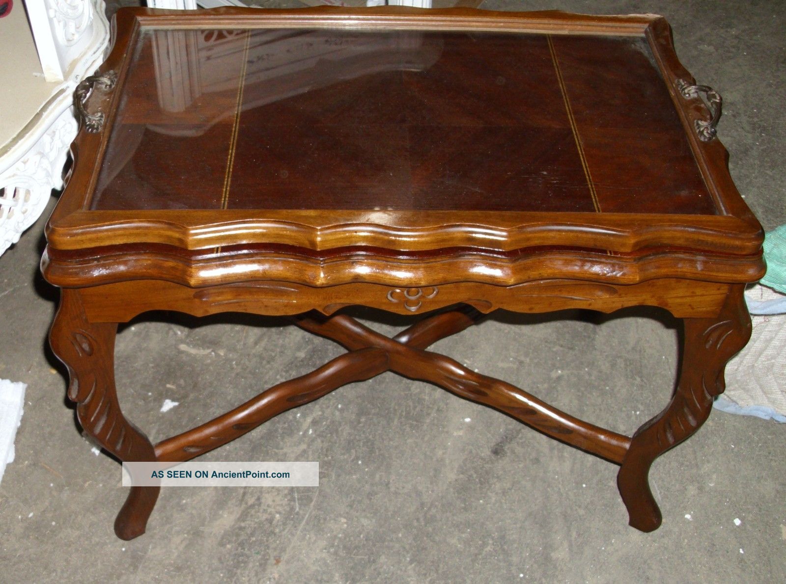 Carved Walnut Tray Top Coffee Or End Table 1900-1950 photo
