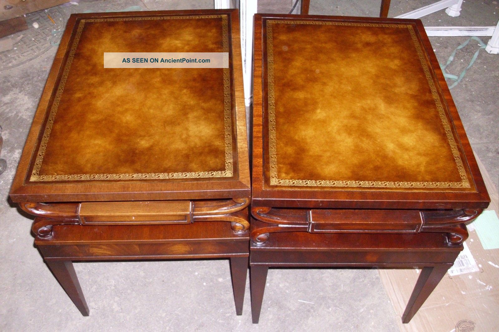 Great Pair Leather Top Mahogany End Tables 1900-1950 photo