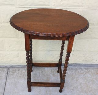 English Antique Pie Crust Barley Twist Side Table.  Made From Oak. photo