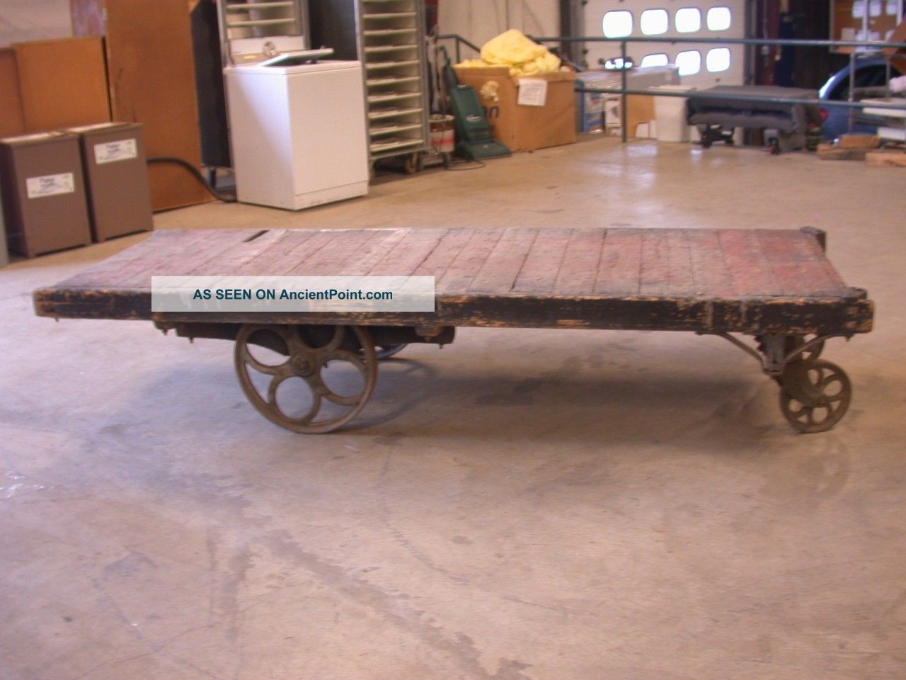Unique Rare Vintage Extralong^7ft Industrial Old Oak Cart Metal Wheels