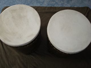 3 Antique Wooden Black Drums/ Tables photo