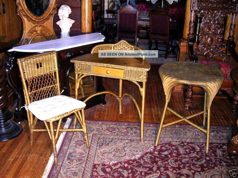 Antique Wicker Rare Vanity,  Table,  Chair Lloyd Loom Wow 1900-1950 photo