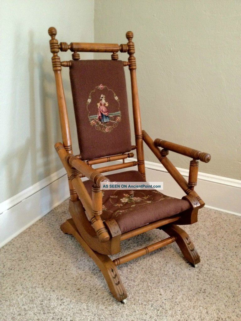 Antique Vintage Needlepoint Platform Maple Spindle Rocker Rocking ...