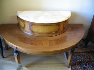 Antique Half Moon Marble & Wood Empire Two Tier Table photo