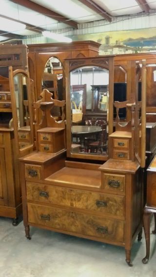 Antique Victorian Eastlake Walnut Dressing Chest Table Dresser 3 Beveled Mirrors photo