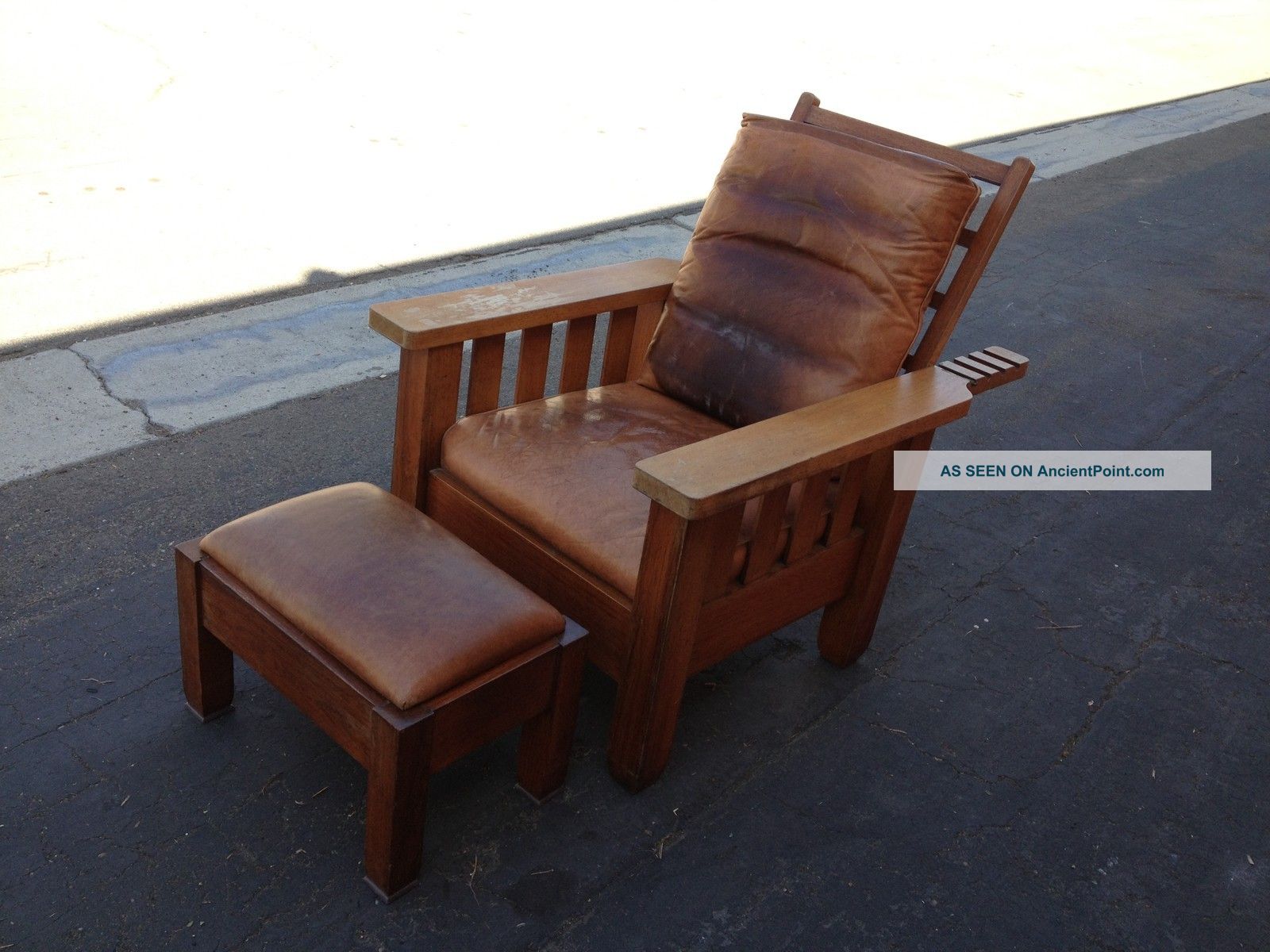 Antique Morris Chair + Ottoman Oak Leather Bungalow Style Limbert Stickley 20 ' S 1900-1950 photo