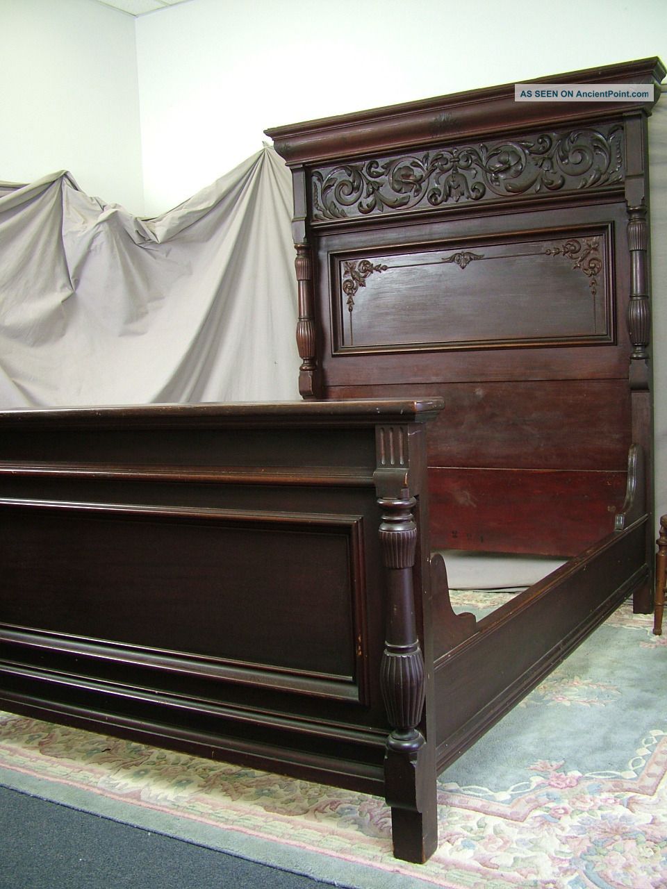 Antique Highback Solid Mahogany Art Nouveau Carved Bed Bedroom C1890s Victorian 1800-1899 photo