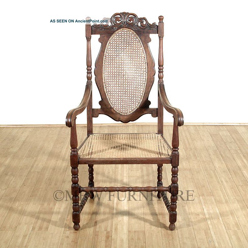 Antique English Solid Oak Jacobean Rattan High Back Arm Chair C1920’s P65c 1900-1950 photo