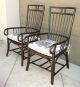 Pair Vintage Black Throne French Country Cottage Bamboo Arm Chairs Toile Fabric Post-1950 photo 1